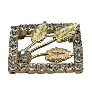 Leaf Square Rhinestone Brooch Openwork Gold Tone Vintage Sparkle Prong Set